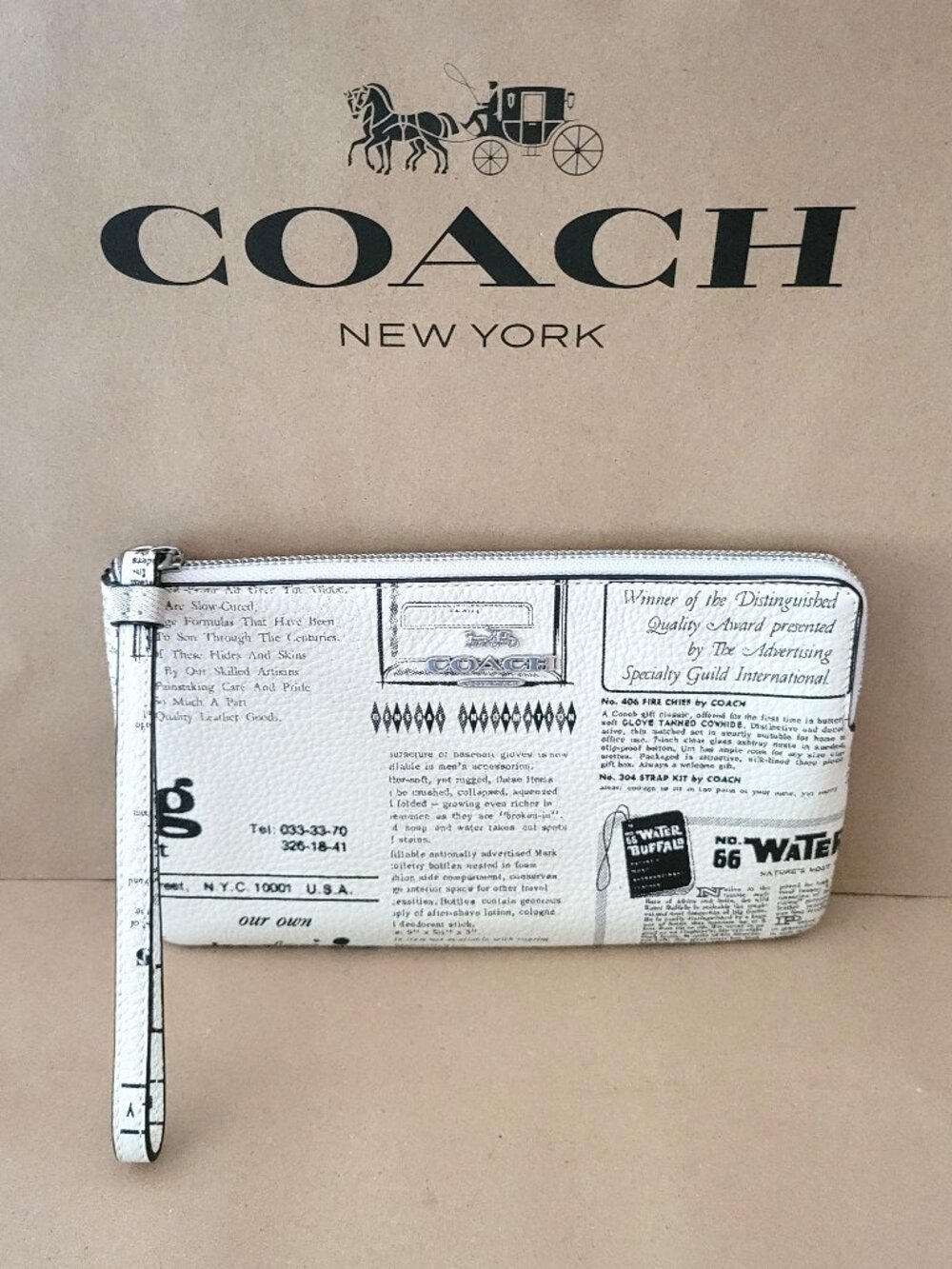 Coach CDE80 Large Corner Zip Newspaper Print Leather Wristlet Clutch Chalk Multi